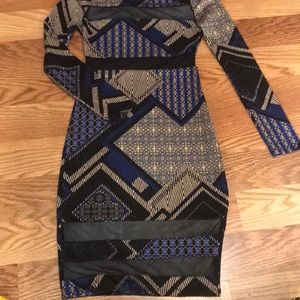 Long Sleeve Blue Black and Tan Dress
